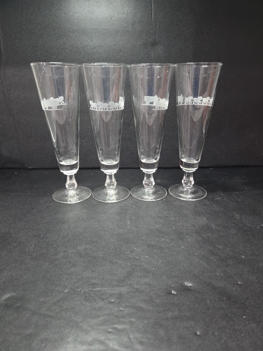 Anheuser Busch Glass Pilsners, Set of 4, Clydesdales Wagon Etched, Beer Glasses