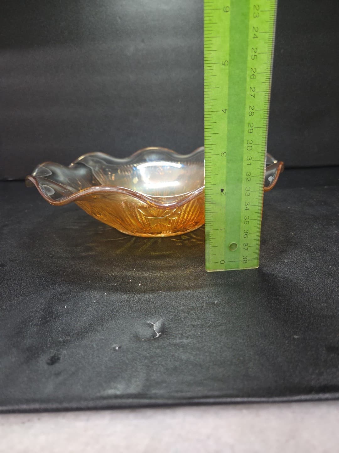 Jeanette Iris and Herringbone Bowl, Marigold Carnival Glass, 9.5" D Ruffled Bowl - Thumbnail 5