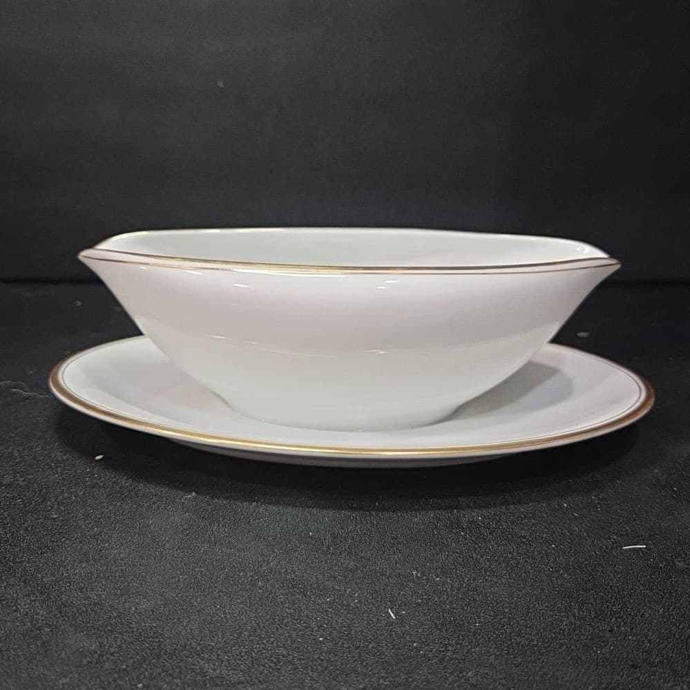 Noritake Bradford Gravy Boat #5182, Attached Underplate, Vtg Gold Bands Design - Thumbnail 2