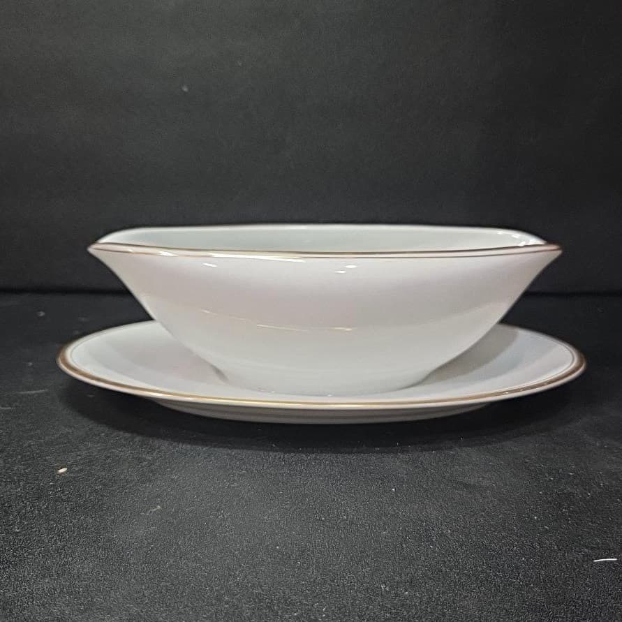Noritake Bradford Gravy Boat #5182, Attached Underplate, Vtg Gold Bands Design - Thumbnail 4