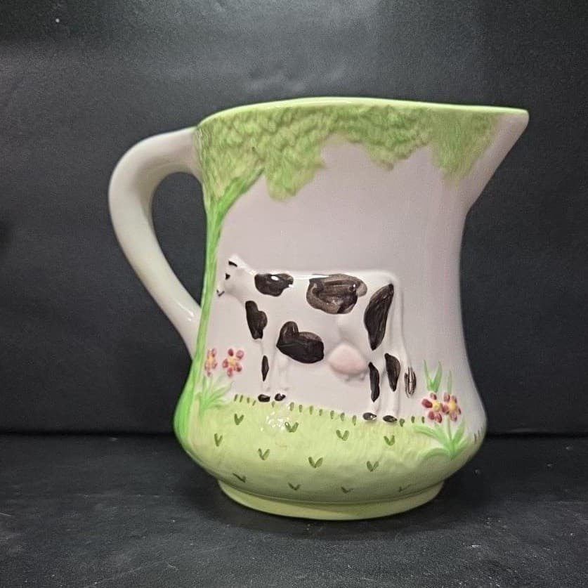 Grazing Cow Ceramic Pitcher, Vintage Hand Painted Farmhouse Jug, Signed Pottery - Thumbnail 2