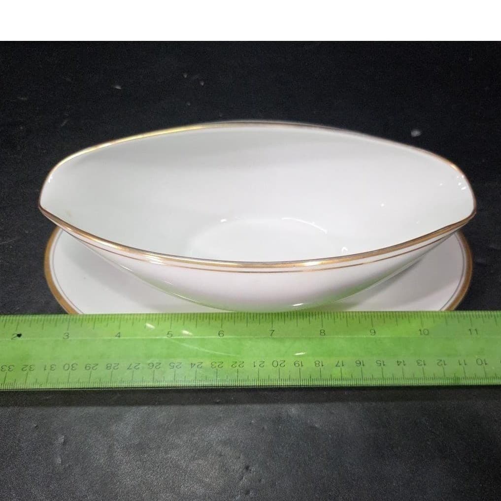Noritake Bradford Gravy Boat #5182, Attached Underplate, Vtg Gold Bands Design - Thumbnail 8