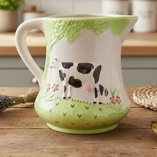 Grazing Cow Ceramic Pitcher, Vintage Hand Painted Farmhouse Jug, Signed Pottery