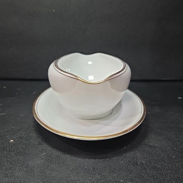 Noritake Bradford Gravy Boat #5182, Attached Underplate, Vtg Gold Bands Design - Thumbnail 3