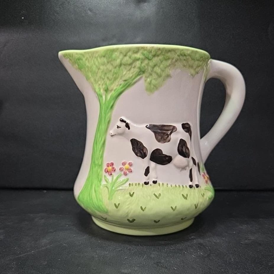 Grazing Cow Ceramic Pitcher, Vintage Hand Painted Farmhouse Jug, Signed Pottery - Thumbnail 4
