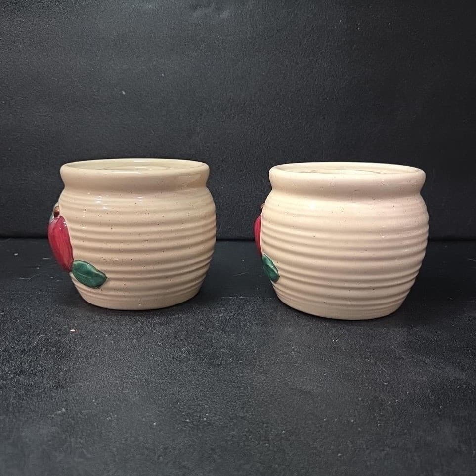 Ceramic Bright Red Apple Candleholders, Set of 2, Vintage Hand Painted Votives - Thumbnail 3