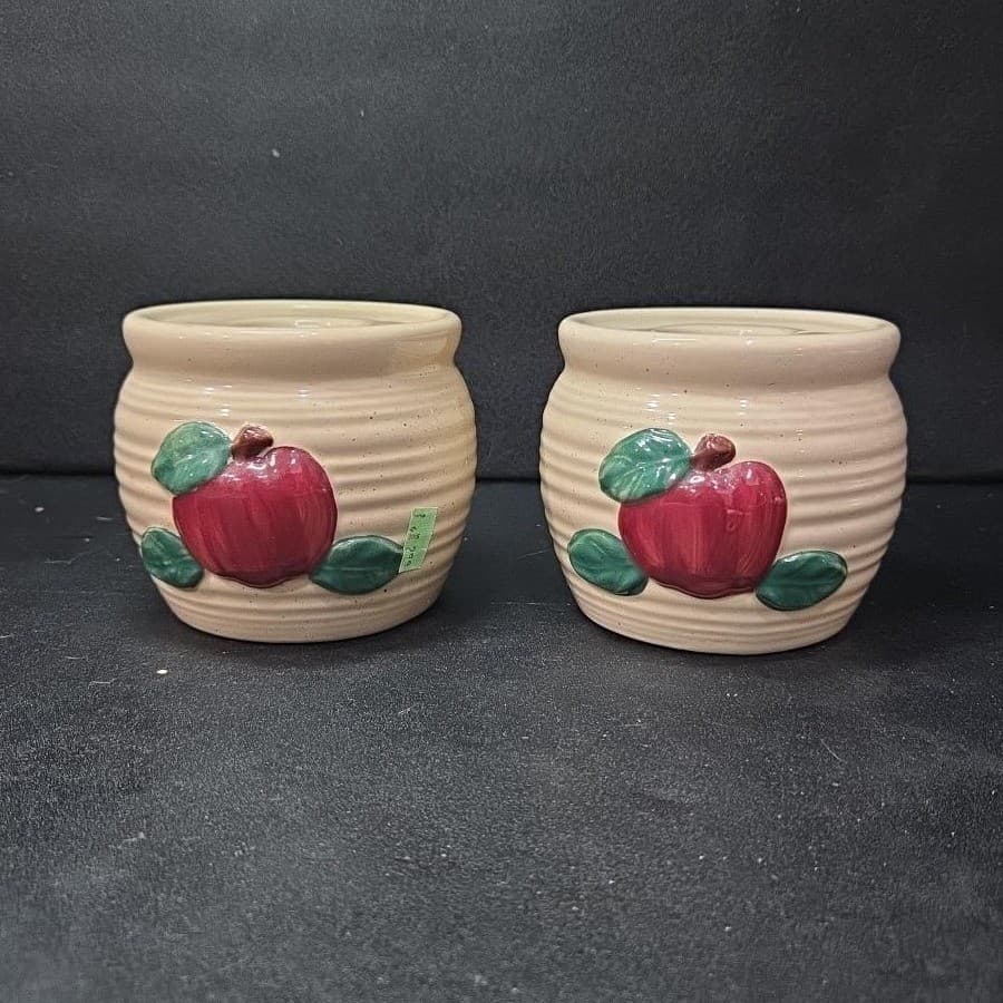 Ceramic Bright Red Apple Candleholders, Set of 2, Vintage Hand Painted Votives - Thumbnail 2