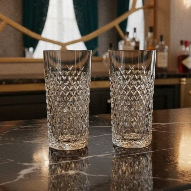 Waterford Alana Cut Crystal 12 oz Flat Tumblers 5" Tall Signed Glasses Set Of 2