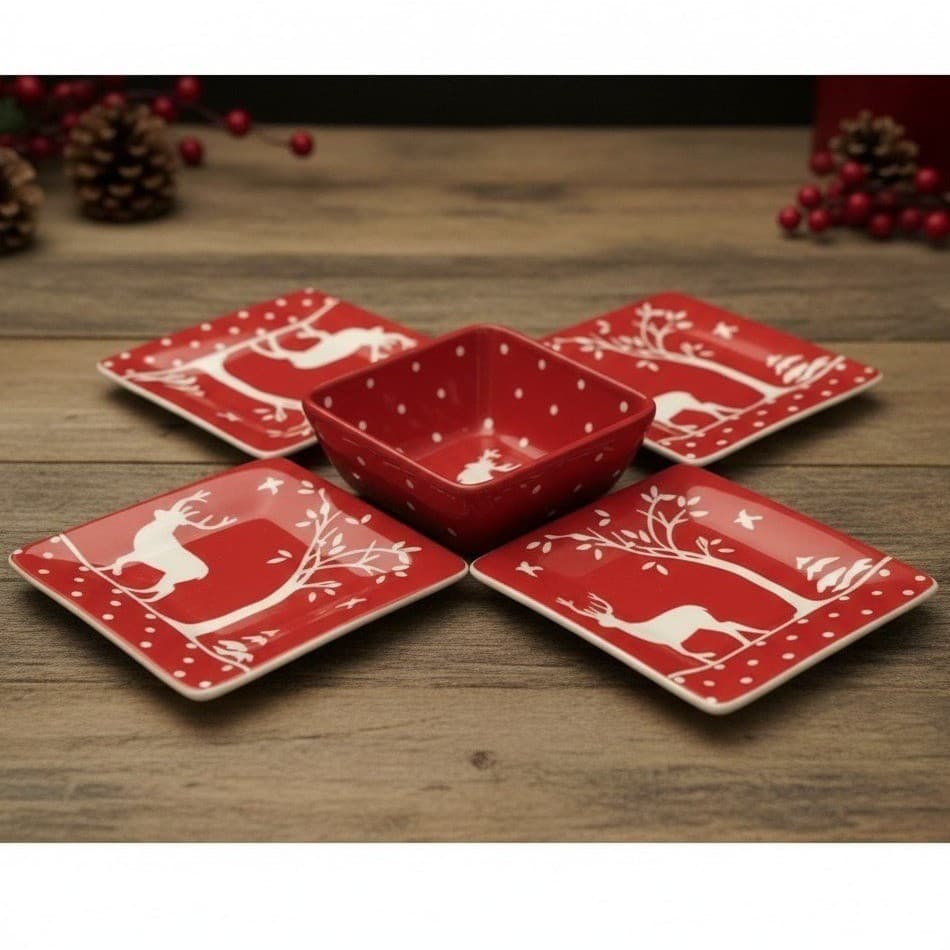 Mesa Home Products Deer Appetizer Plates & Bowl, Five Piece Set, Vtg Serveware