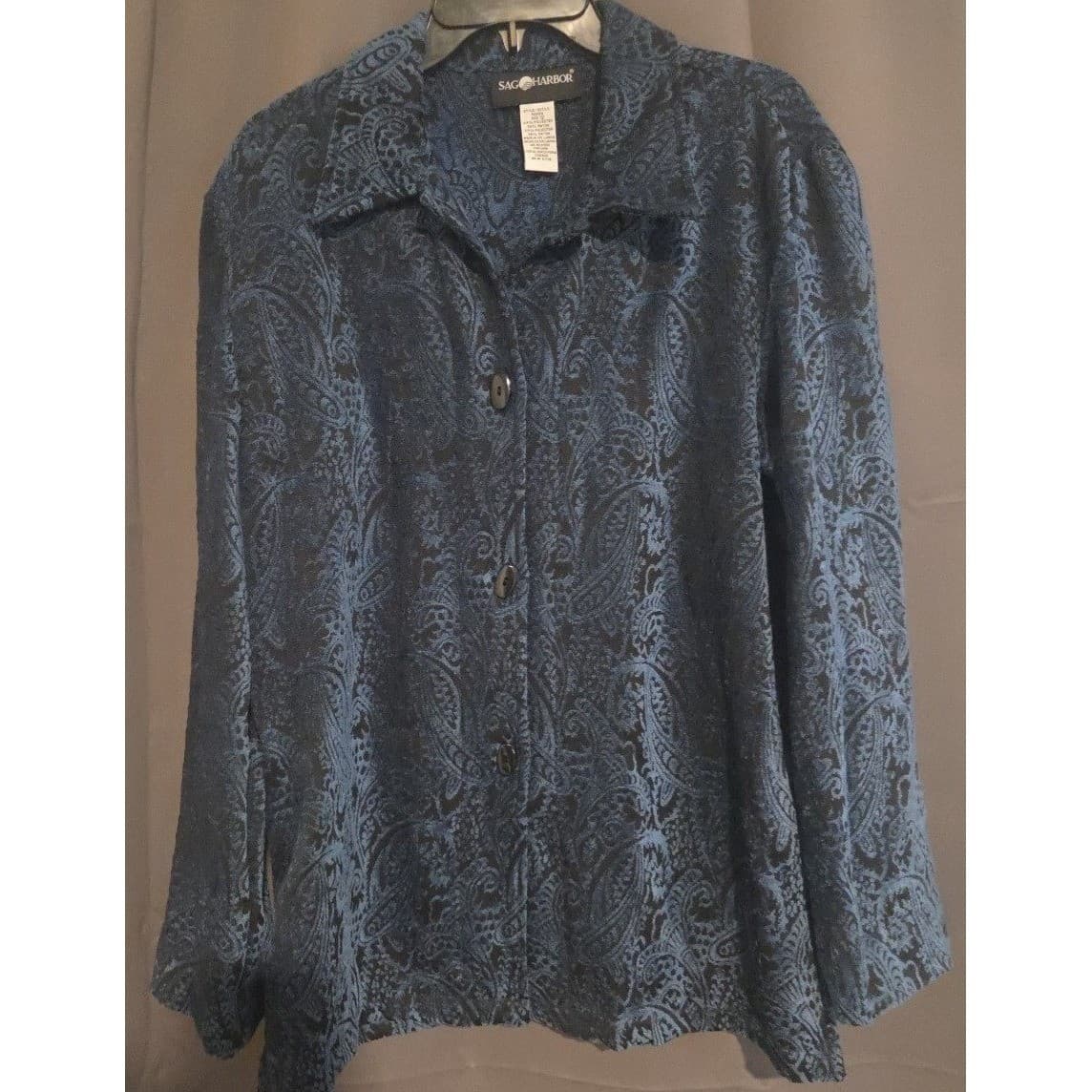 Sag Harbor Blue Black Paisley Brocade Button Front Shirt Jacket, Woman's Size 12 - Thumbnail 3