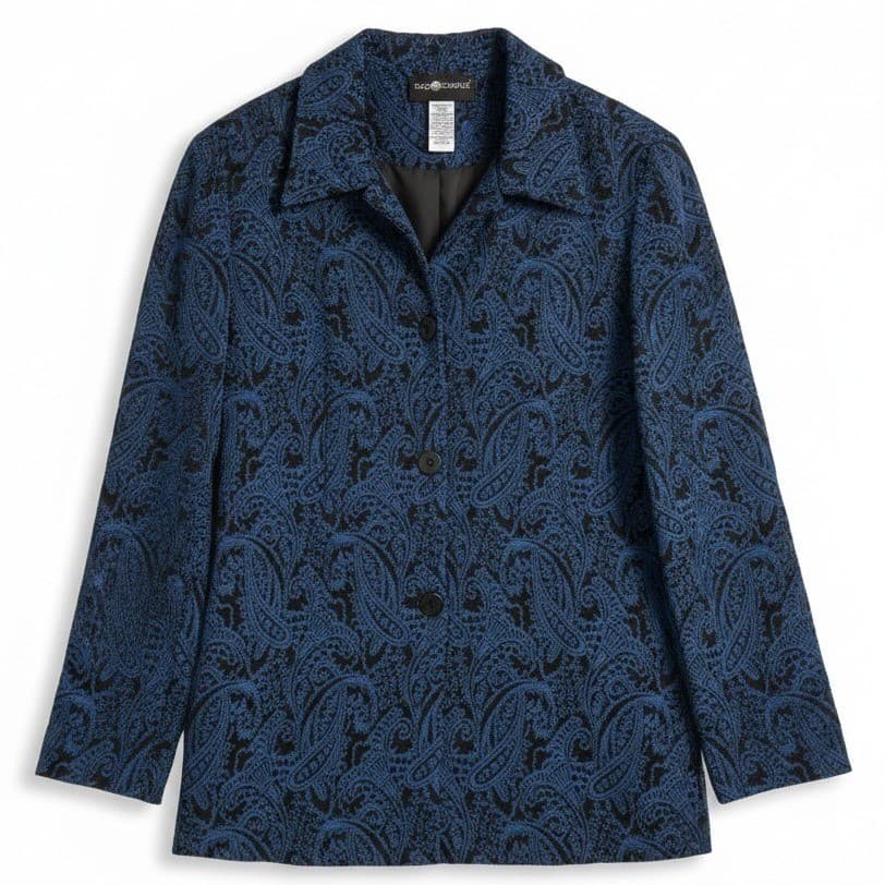 Sag Harbor Blue Black Paisley Brocade Button Front Shirt Jacket, Woman's Size 12