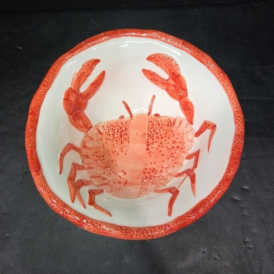 Vieri Style Crab Bowl, Vintage Italian Hand Painted Orange White Coastal Pottery - Thumbnail 2