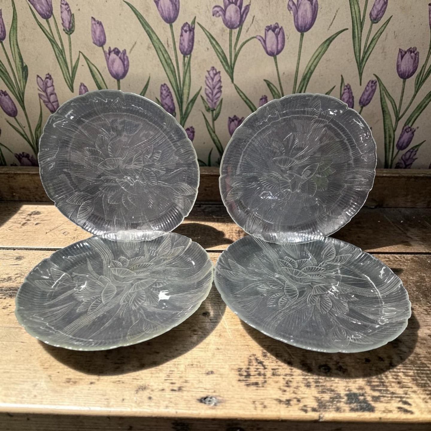 Arcoroc Canterbury Crocus Dinner Plates, Set of 4, Vintage Floral Glass Dishware