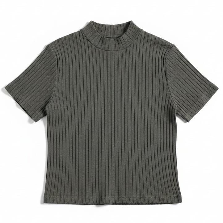 Joanna Vintage Gray Ribbed Mock Neck Short Sleeve Knit Top, Woman's XL, USA Made
