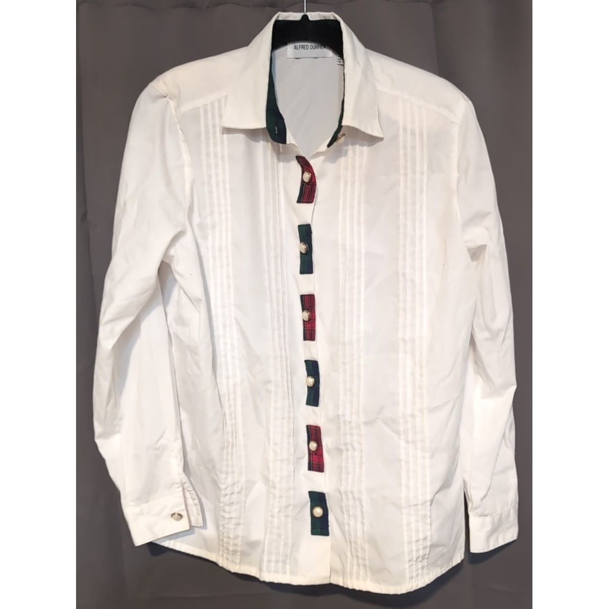 Alfred Dunner Women's White Pintuck Blouse, Plaid Trim, Faux Pearl Buttons - Thumbnail 2