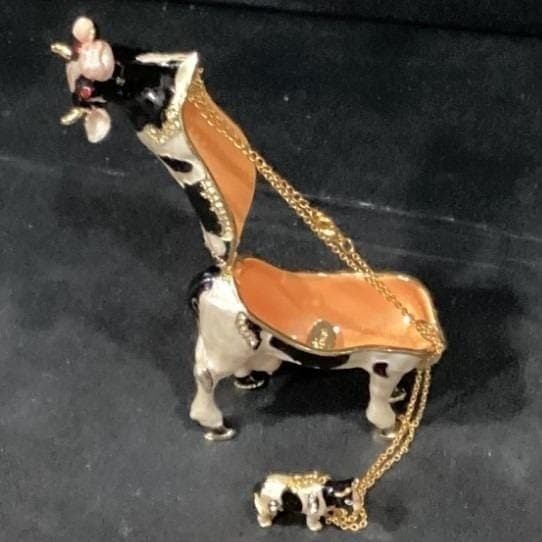 Fashion Bejeweled Bessie Holstein Cow And Calf Trinket Box Hinged - Thumbnail 3