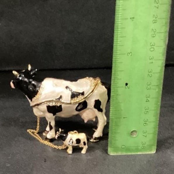 Fashion Bejeweled Bessie Holstein Cow And Calf Trinket Box Hinged - Thumbnail 9