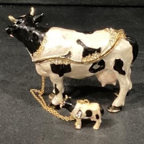 Fashion Bejeweled Bessie Holstein Cow And Calf Trinket Box Hinged - Thumbnail 6