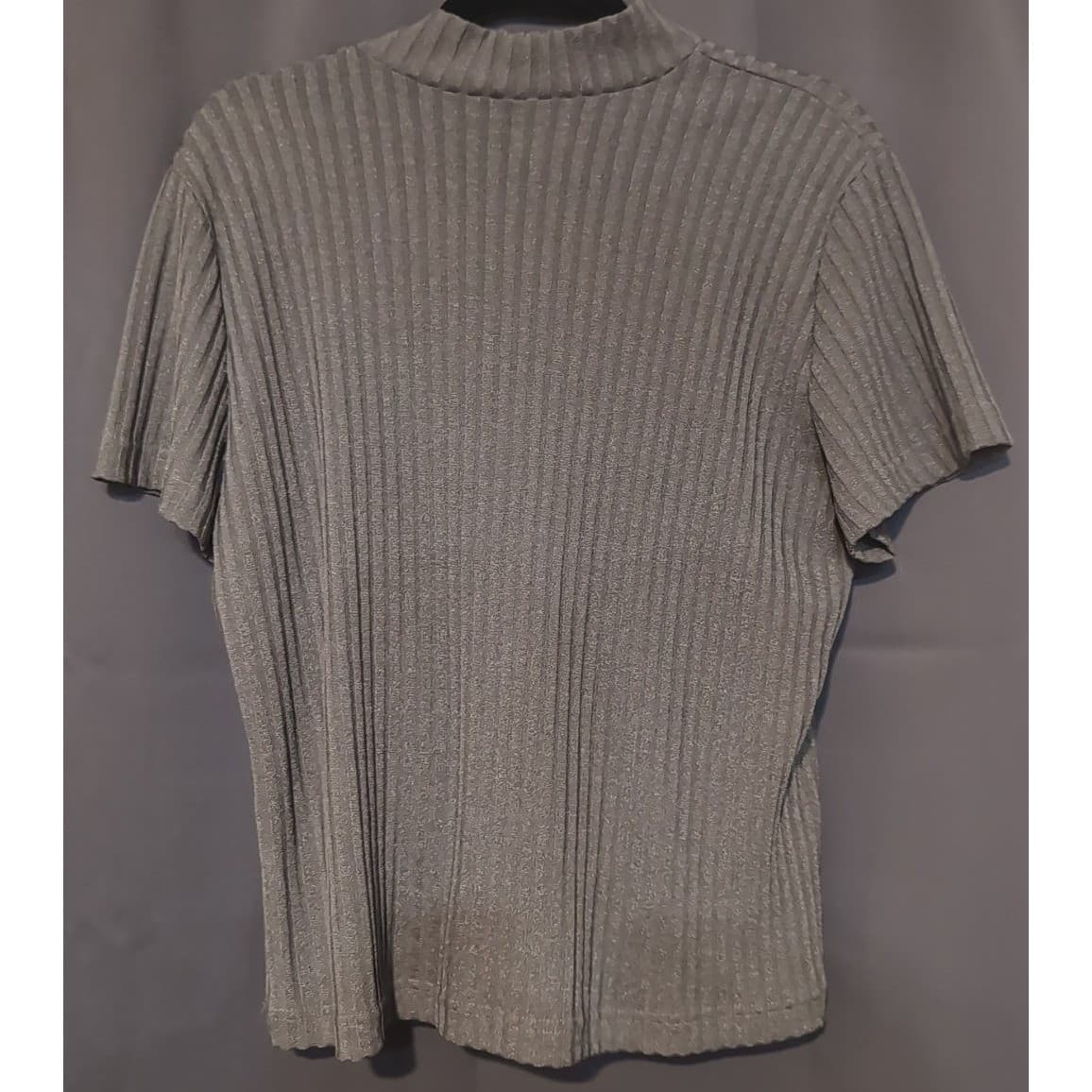 Joanna Vintage Gray Ribbed Mock Neck Short Sleeve Knit Top, Woman's XL, USA Made - Thumbnail 4