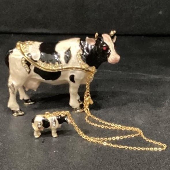 Fashion Bejeweled Bessie Holstein Cow And Calf Trinket Box Hinged