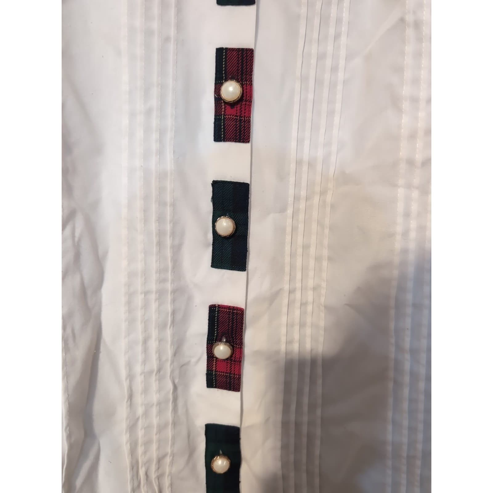 Alfred Dunner Women's White Pintuck Blouse, Plaid Trim, Faux Pearl Buttons - Thumbnail 6