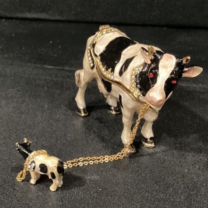 Fashion Bejeweled Bessie Holstein Cow And Calf Trinket Box Hinged - Thumbnail 5