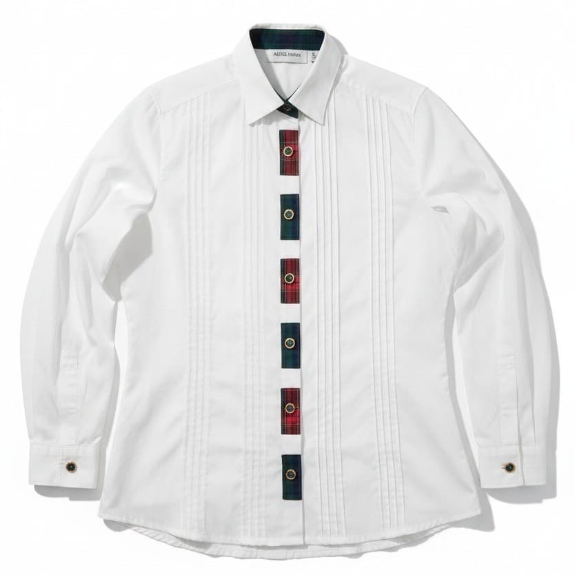 Alfred Dunner Women's White Pintuck Blouse, Plaid Trim, Faux Pearl Buttons