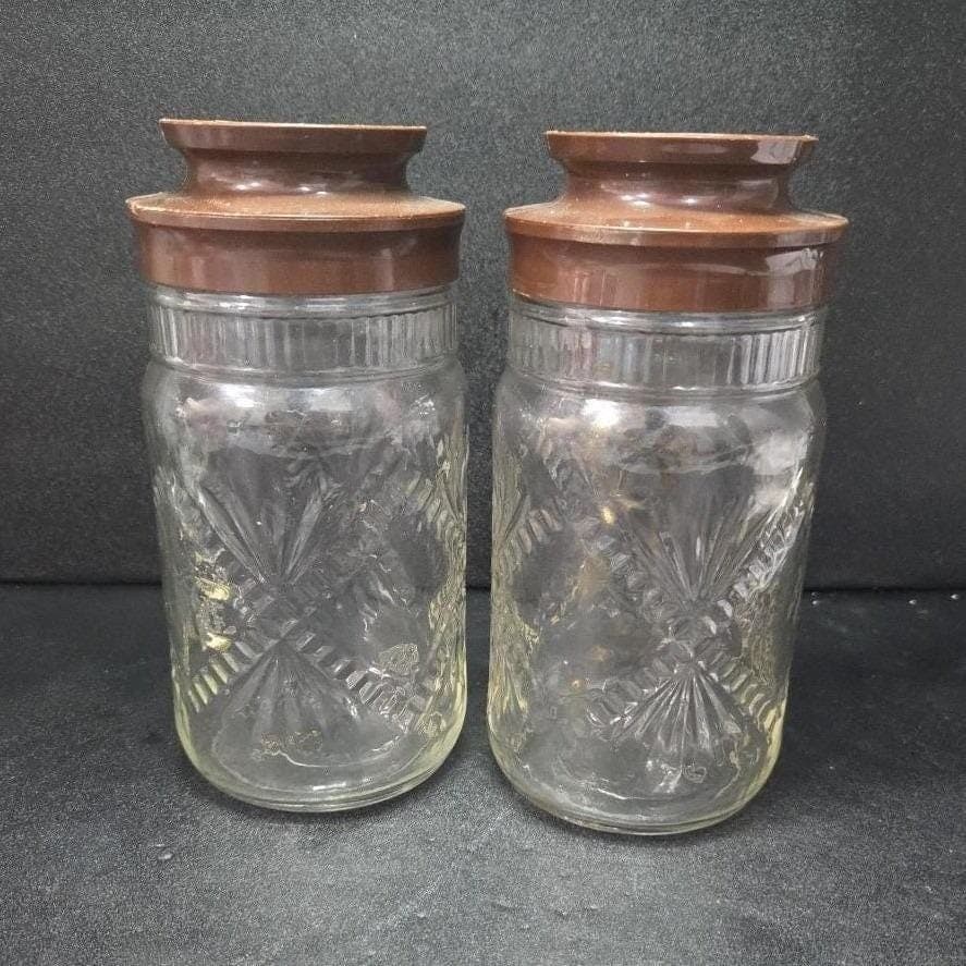 Anchor Hocking Embossed Clear Glass Jars, Set of 2, Vintage Fan Cross Canisters - Thumbnail 2