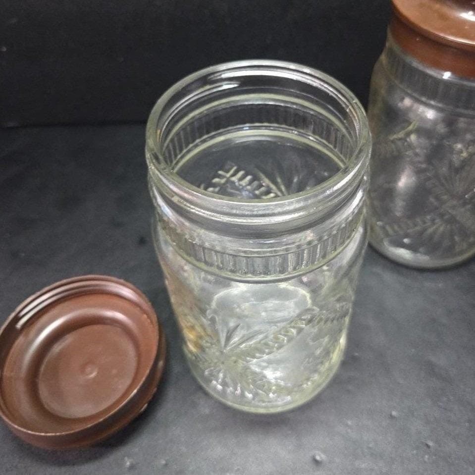 Anchor Hocking Embossed Clear Glass Jars, Set of 2, Vintage Fan Cross Canisters - Thumbnail 6