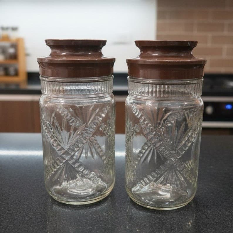 Anchor Hocking Embossed Clear Glass Jars, Set of 2, Vintage Fan Cross Canisters