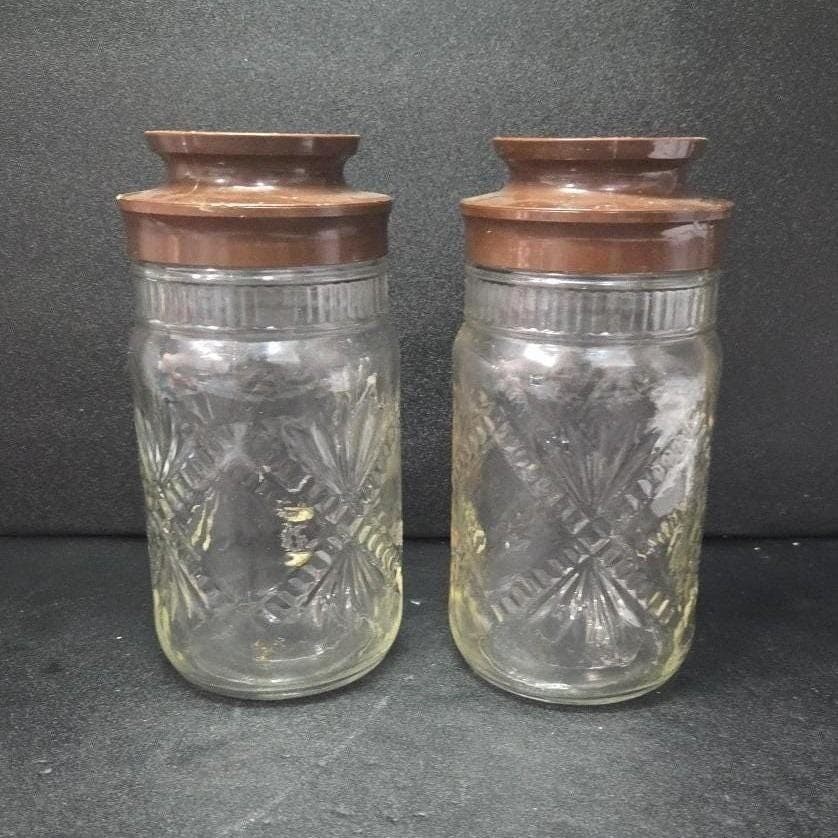 Anchor Hocking Embossed Clear Glass Jars, Set of 2, Vintage Fan Cross Canisters - Thumbnail 5