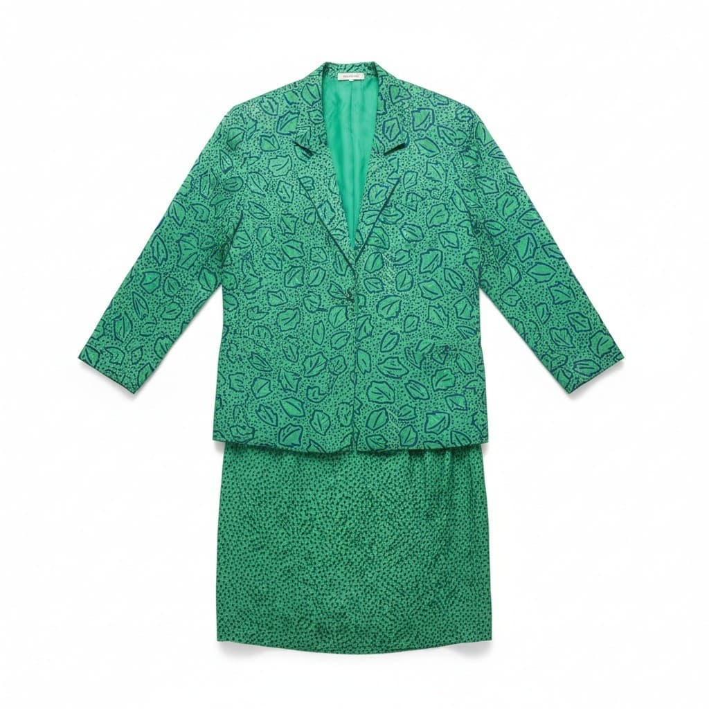Liz Claiborne Collection Green Silk Leaf Print Skirt Suit Set, Women's Size 6