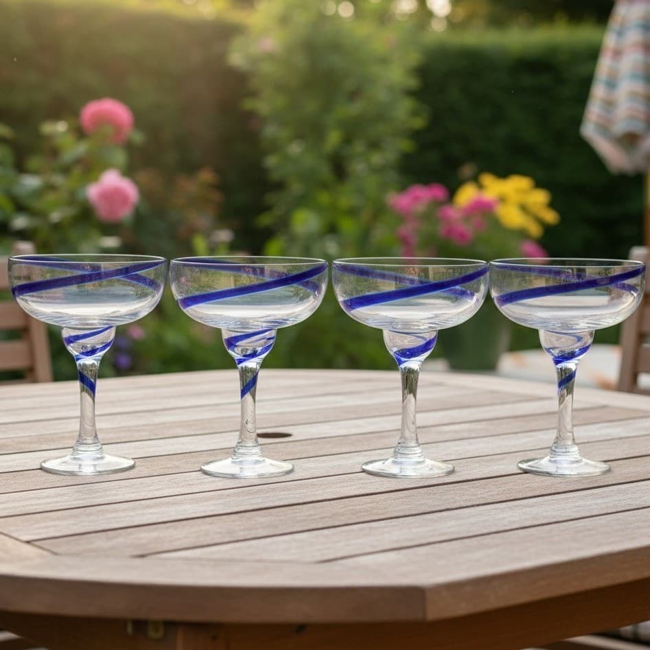 Pier 1 Imports Cobalt Blue Swirline Margarita Glasses, Set of 4, Vintage Barware