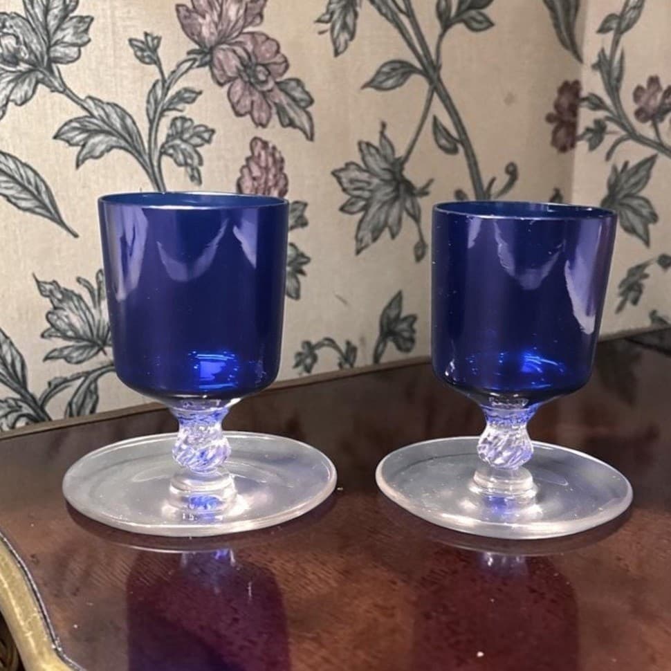Cambridge Glass Footed Cigarette Urns, Set of 2, Vintage Cobalt Blue Glassware