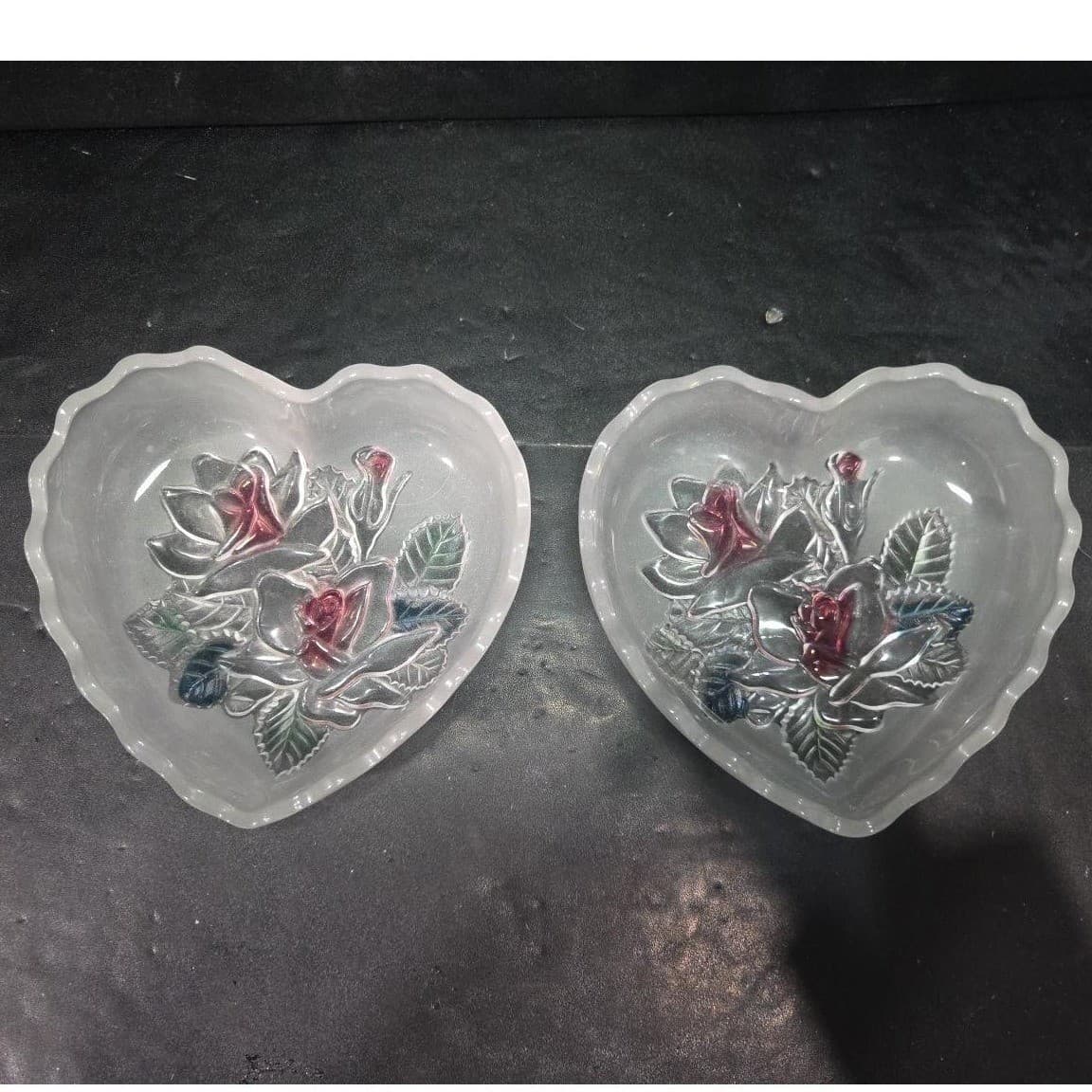 Studio Nova Heart Shaped Trinket Box, Frosted Glass Dish, Embossed Pink Roses - Thumbnail 3