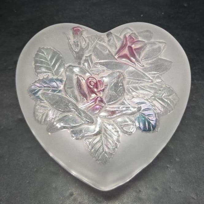 Studio Nova Heart Shaped Trinket Box, Frosted Glass Dish, Embossed Pink Roses - Thumbnail 2