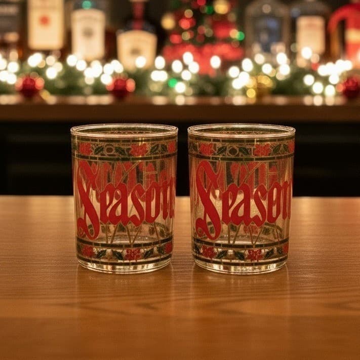 Culver "Seasons Greetings" Christmas Lowball Tumblers, Set Of 2, Stained Design
