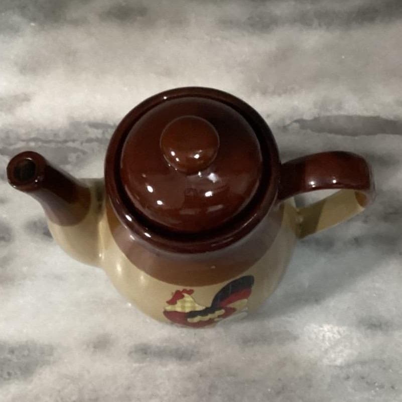 Tricolor Brown Large Teapot, Vintage Rooster "Chicken Feed" Design Tea Pot - Thumbnail 3