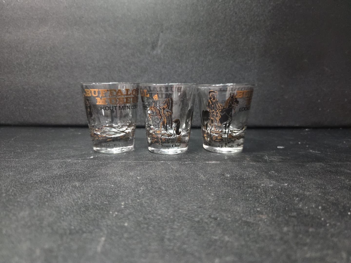 Buffalo Bill Shot Glass Trio, Lookout Mountain Souvenir, Black & Gold, Set of 3 - Thumbnail 4