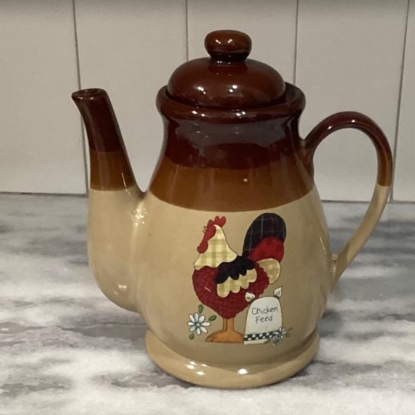 Tricolor Brown Large Teapot, Vintage Rooster "Chicken Feed" Design Tea Pot - Thumbnail 8