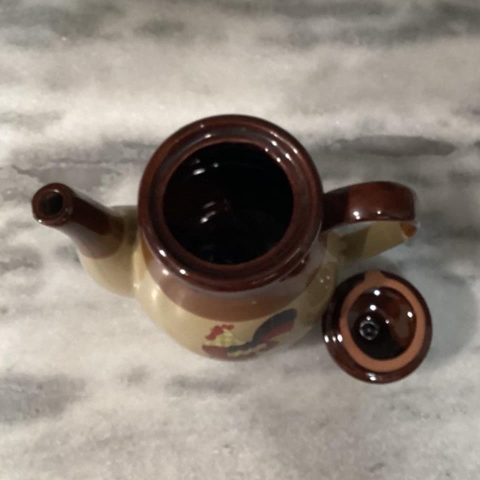 Tricolor Brown Large Teapot, Vintage Rooster "Chicken Feed" Design Tea Pot - Thumbnail 4