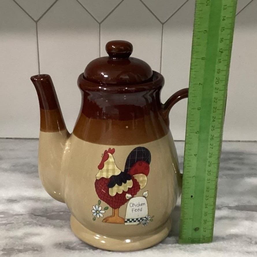 Tricolor Brown Large Teapot, Vintage Rooster "Chicken Feed" Design Tea Pot - Thumbnail 6