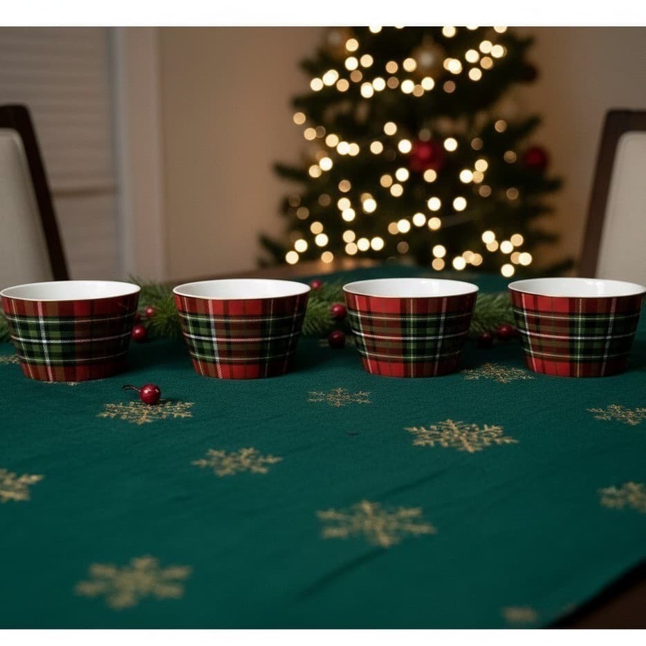 222 Fifth Wexford Dessert Bowls, Set of 4, Red Plaid Design Dinnerware
