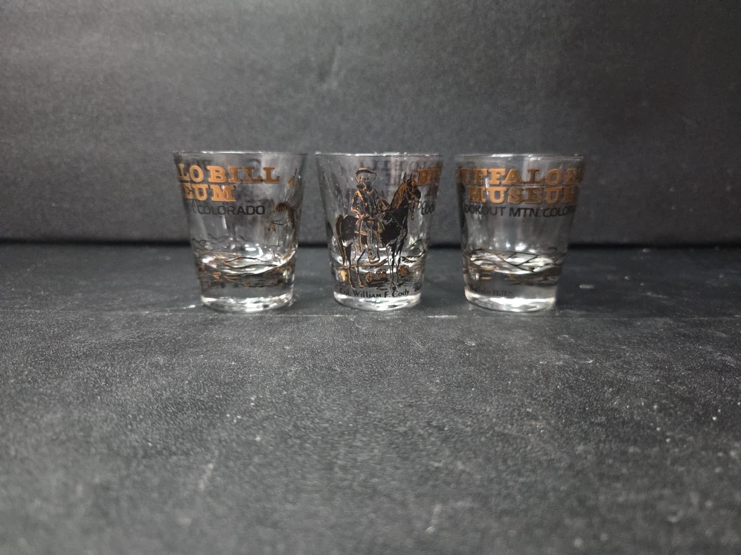 Buffalo Bill Shot Glass Trio, Lookout Mountain Souvenir, Black & Gold, Set of 3