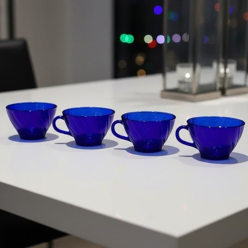 Duralex Vereco Cobalt Blue Teacups, Set of 4, Vintage Swirl Design Punch Cups