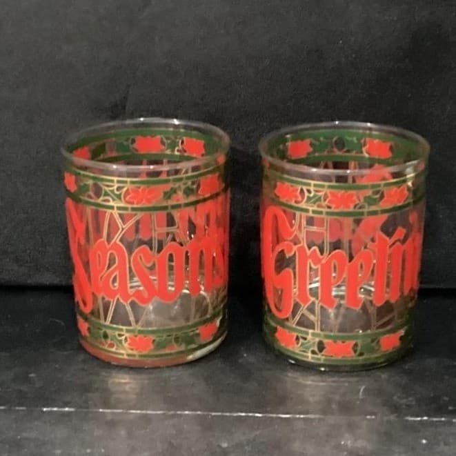 Culver "Seasons Greetings" Christmas Lowball Tumblers, Set Of 2, Stained Design - Thumbnail 2