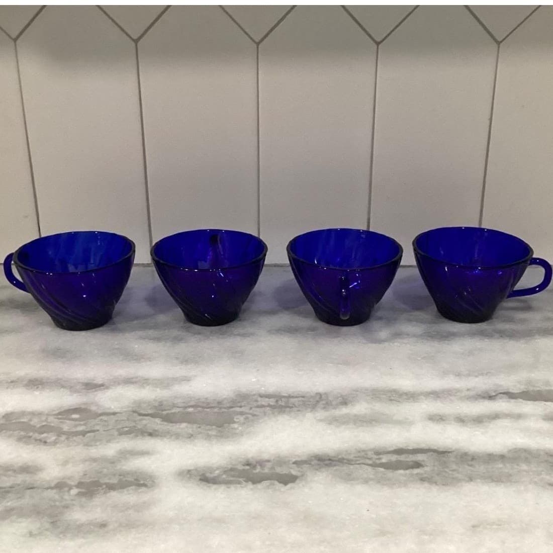 Duralex Vereco Cobalt Blue Teacups, Set of 4, Vintage Swirl Design Punch Cups - Thumbnail 10
