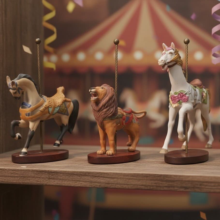 Franklin Mint Carousel Art Figurines, Set of 3 Repaired Pieces, Horse & Lions