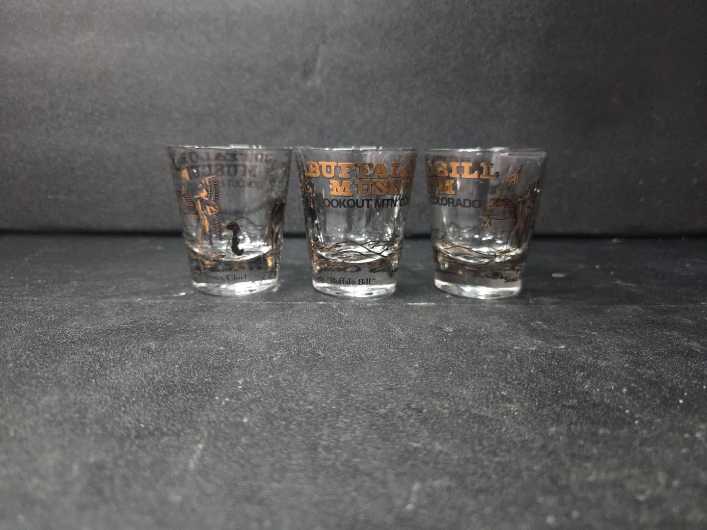 Buffalo Bill Shot Glass Trio, Lookout Mountain Souvenir, Black & Gold, Set of 3 - Thumbnail 2