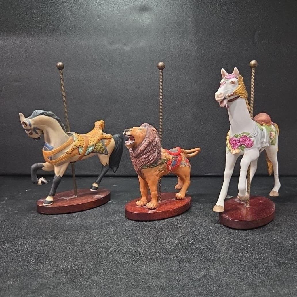 Franklin Mint Carousel Art Figurines, Set of 3 Repaired Pieces, Horse & Lions - Thumbnail 2
